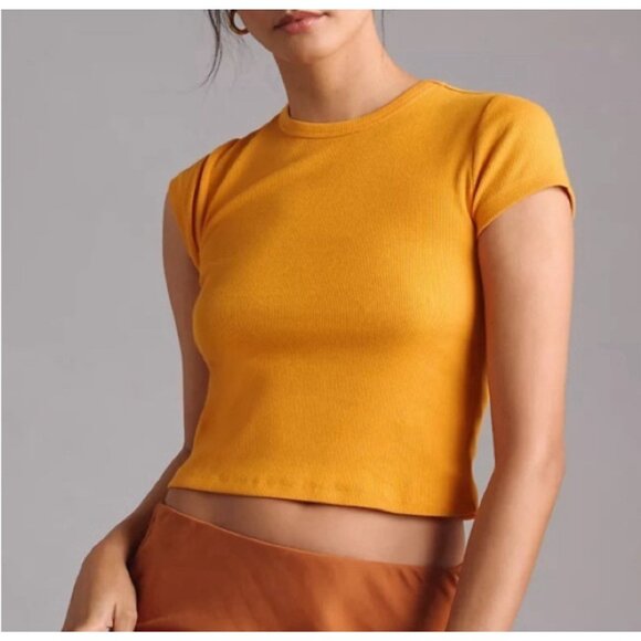 Maeve Anthropologie Blair Baby Tee Yellow Large Ribbed Short Sleeve Cotton Shirt - Picture 1 of 8